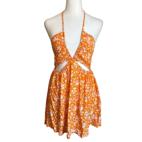 Sky To Moon Dresses & Skirts - Sky To Moon Floral Cut Out Tie Back Orange Mini Dress Size L